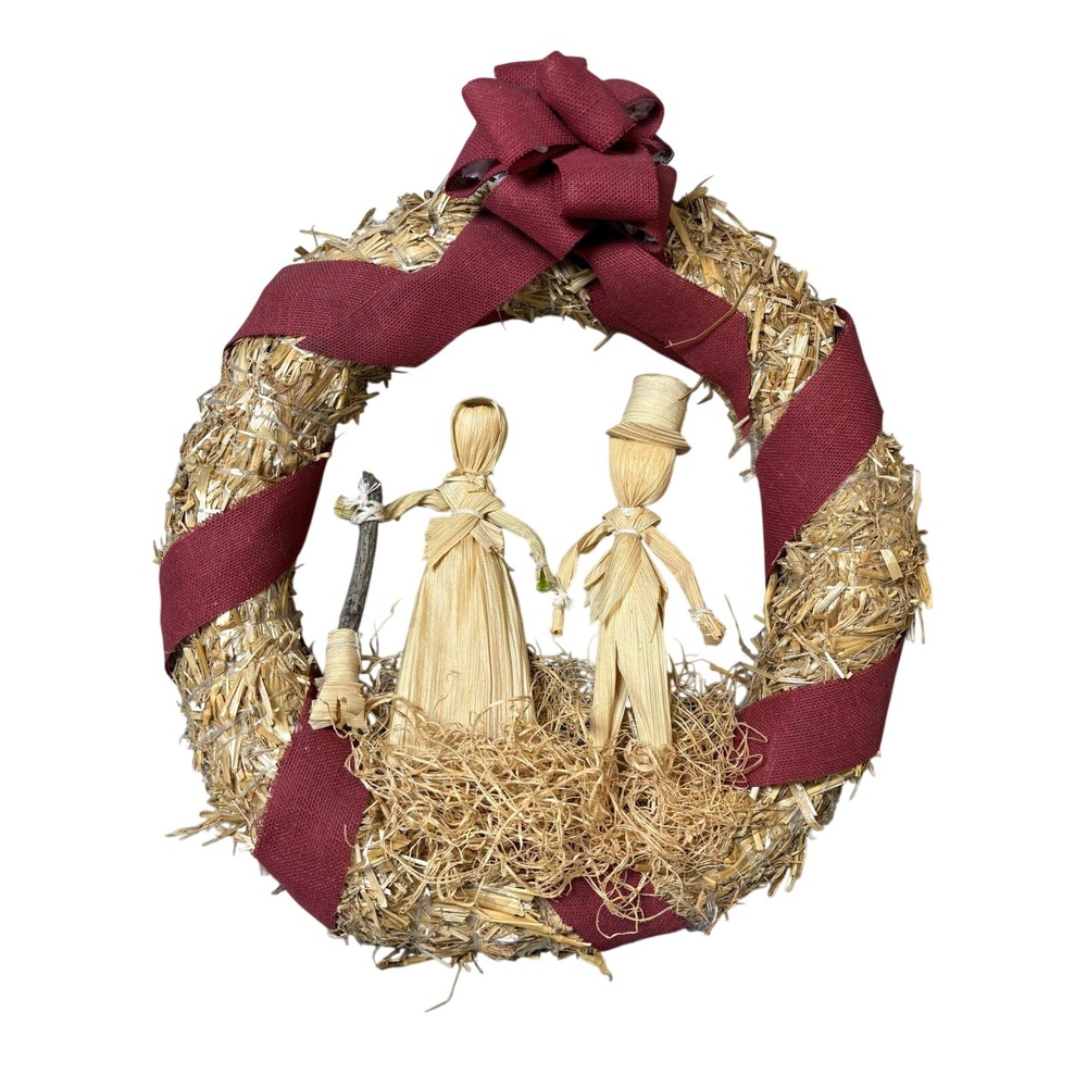 Vintage Corn Husk Doll Straw Wreath Harvest Fall Decor Burgundy Ribbon 12 Inch